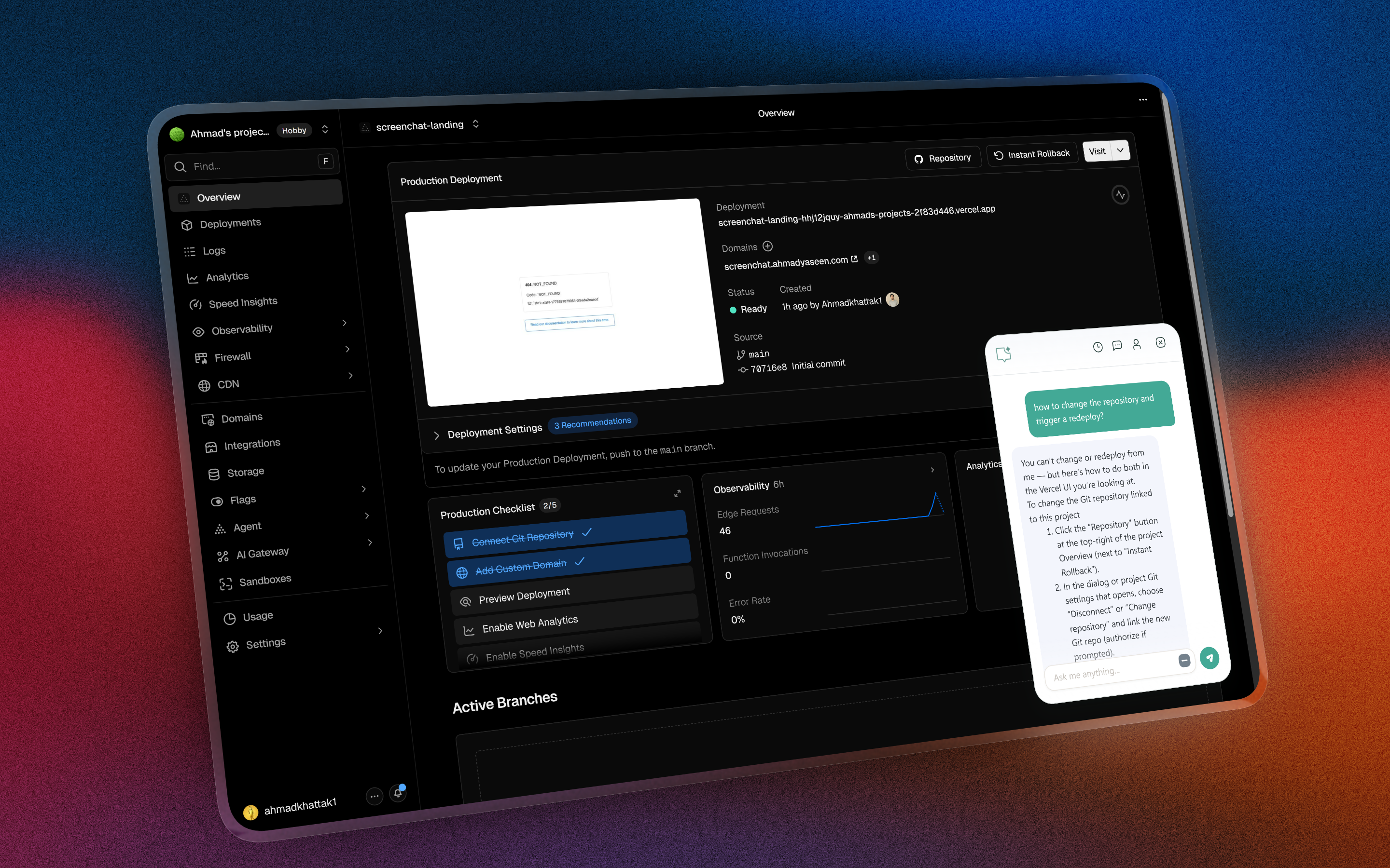 ScreenChat panel opened on a webpage with a prompt ready to send.